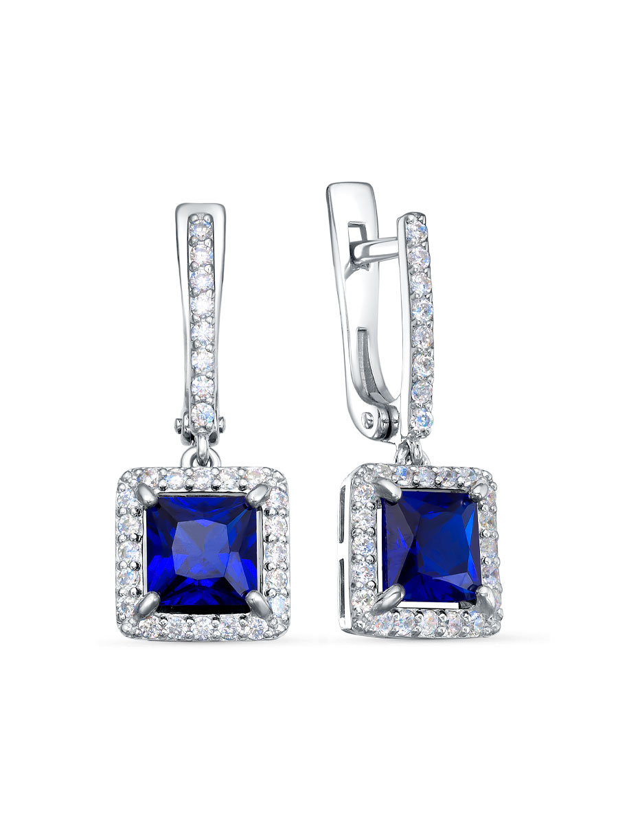 Серьги английский замок из серебра 925 с сапфиром синтетическим, фианит