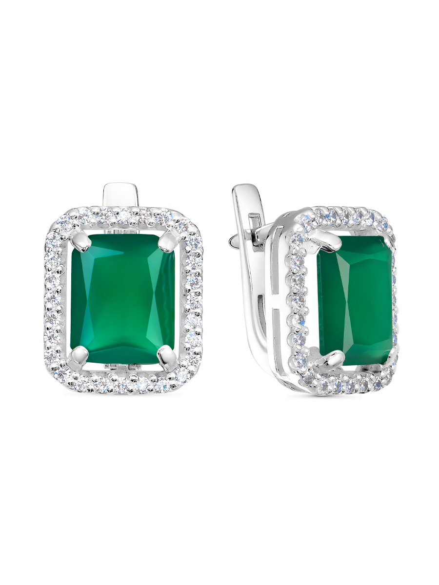 Серьги английский замок из серебра 925 с агатом, фианит