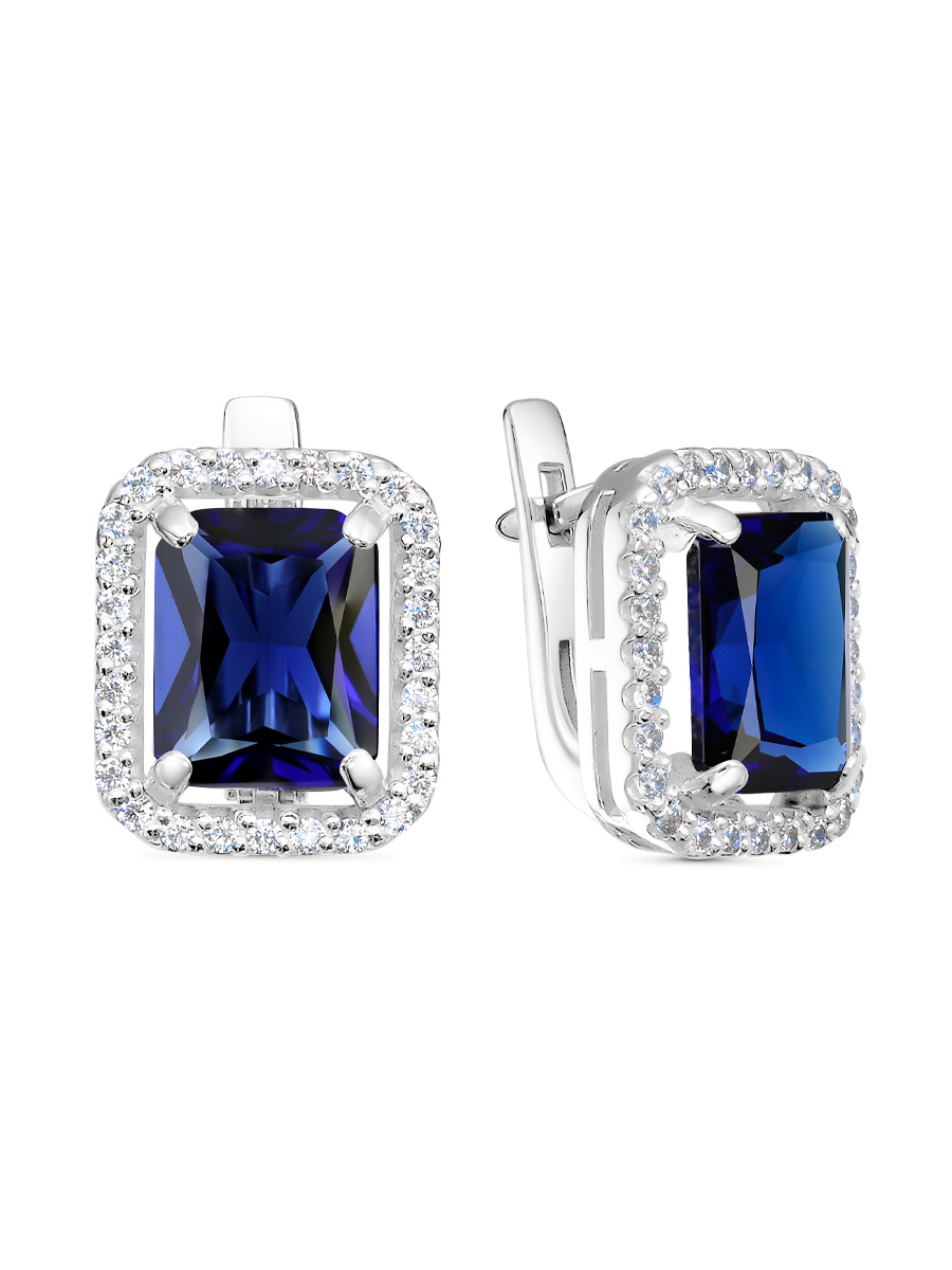 Серьги английский замок из серебра 925 с сапфиром синтетическим, фианит