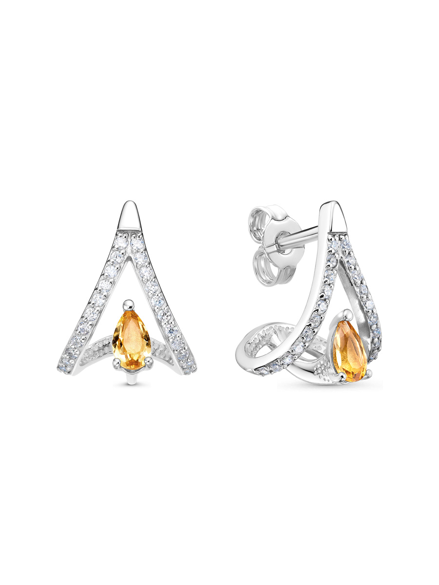 Серьги пусеты из серебра 925 с цитрином, фианит